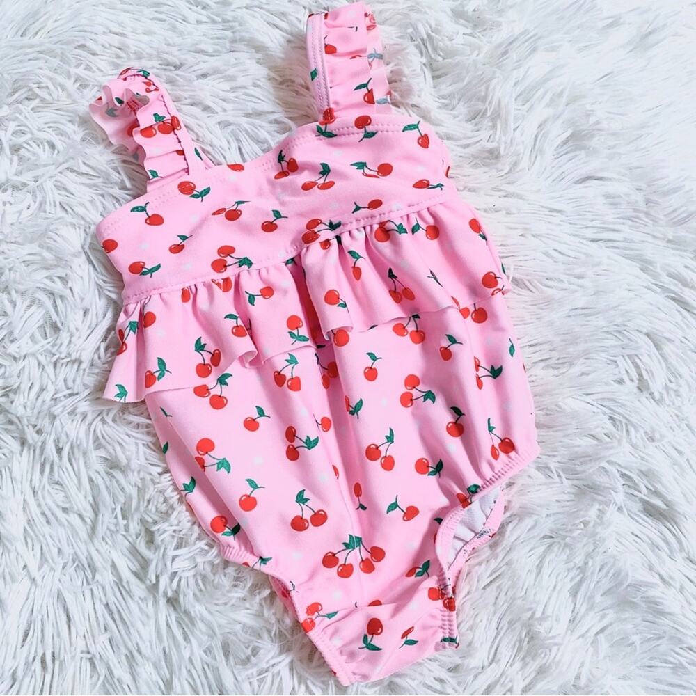 WONDER NATION • Pink Ruffle Cherry Print One Piece Swimsuit